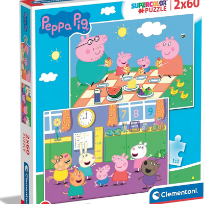 Caixa de puzzle Peppa Pig com 2x60 peças coloridas.
