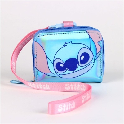Carteira azul holográfica com Stitch e fita rosa com texto Stitch