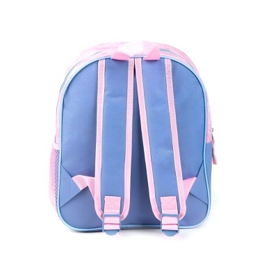 Mochila infantil azul com detalhes em rosa vista de trás