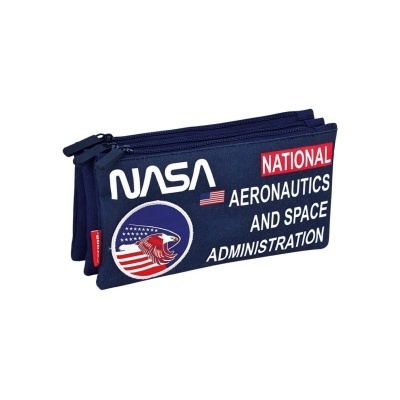 Estojo azul escuro da NASA com três fechos e texto National Aeronautics and Space Administration