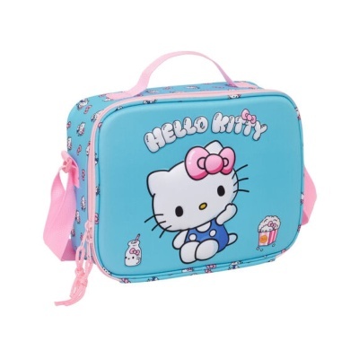 Mala azul Hello Kitty com fecho e alça rosa e estampado da personagem.