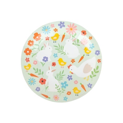 Prato redondo decorativo com coelhos, galinha, pintinhos, flores e cenouras coloridas