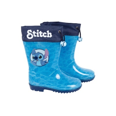 Botas de chuva azuis com desenho do Stitch e cordões superiores