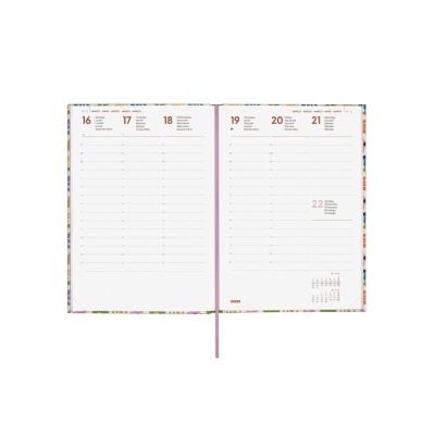 Agenda semanal aberta com datas 16 a 22 e padrão floral nas margens
