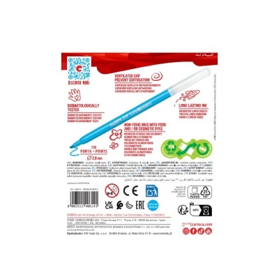 Embalaem da caneta Carioca Touch Fine com texto e símbolos de certificação coloridos