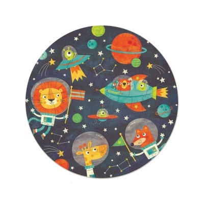 Tapete redondo com animais astronautas e tema espacial colorido