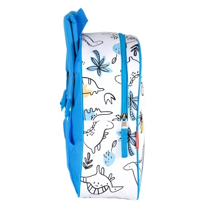 Mochila infantil branca com padrão de dinossauros e folhas a preto e azul e detalhes azuis