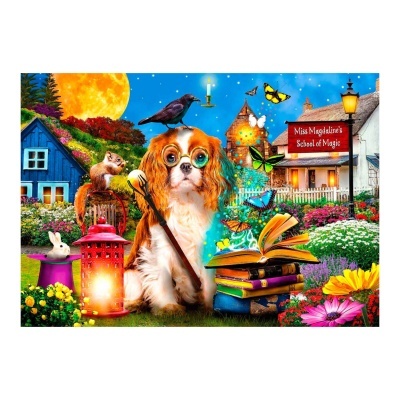 Ilustração de cão mágico com livros, animais e casa de magia ao fundo