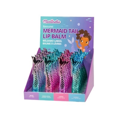 Expositor com bálsamos labiais em forma de cauda de sereia colorida