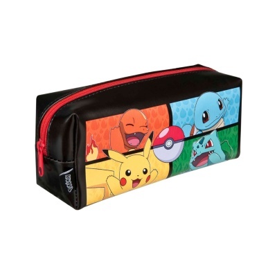 Estojo escolar preto com fecho vermelho e imagem de Pokémon