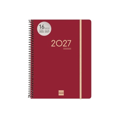 Agenda vinheta com espiral preta, elástico bege, e texto 2027, 16 MONTHS, datas 2026-2027 e logo finocam