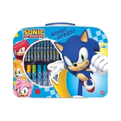 Estojo metálico azul com personagens Sonic the Hedgehog e marcadores coloridos