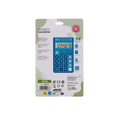 Calculadora de bolso azul com 8 dígitos em embalagem branca e verde clara