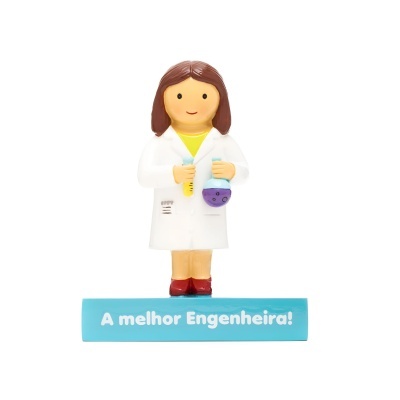 Figura decorativa de engenheira com tubos de ensaio e base azul com texto