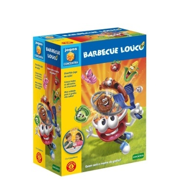Caixa do jogo Barbecue Louco com personagens animados de comida e texto em português.