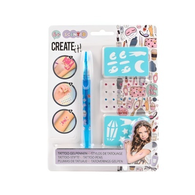 Conjunto de tatuagem temporária com caneta azul e moldes em embalagem branca