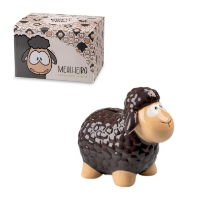Mealheiro em forma de ovelha castanha com embalagem ilustrada