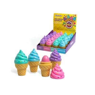 Bálsamos labiais em cones de gelado coloridos com embalagem em caixa amarela e roxa