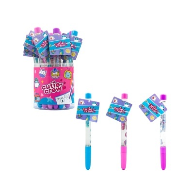 Canetas coloridas com etiquetas 'cutie crew' em copo plástico
