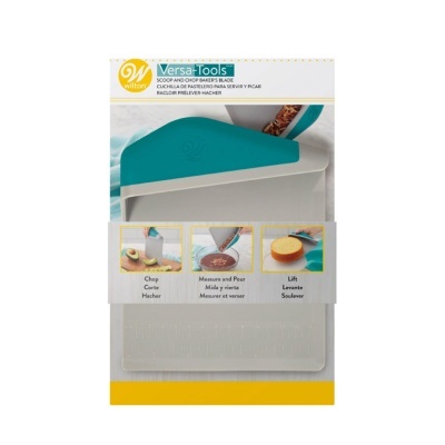 Faca Versa-Tools Wilton com cabo azul e lâmina cinzenta em embalagem com instruções e medidas.