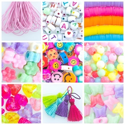 Mosaico de contas e acessórios coloridos para bijuteria em vários formatos e cores