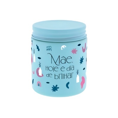 Recipiente cilíndrico azul claro com tampa e texto decorativo