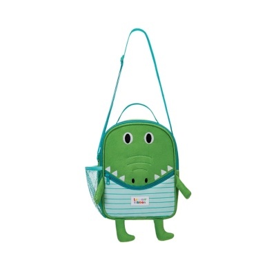 Mochila infantil verde e azul com design de crocodilo e etiqueta com texto