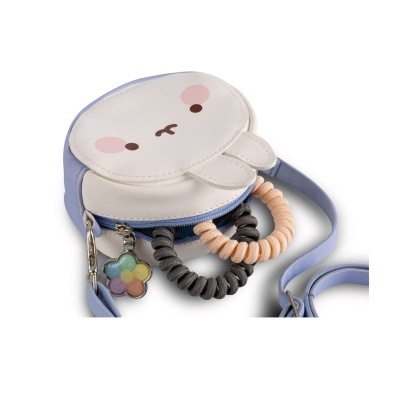 Mala infantil redonda com rosto de urso e pulseiras elásticas