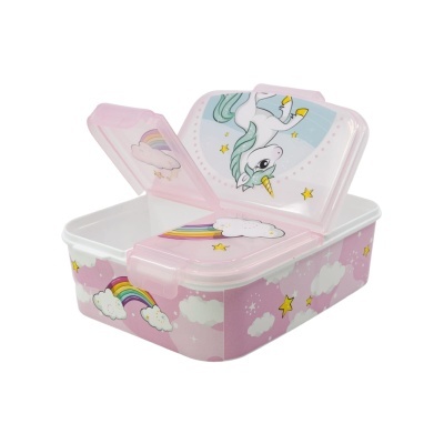 Marmita rosa com tampa em forma de coração e desenhos de unicórnio e arco-íris