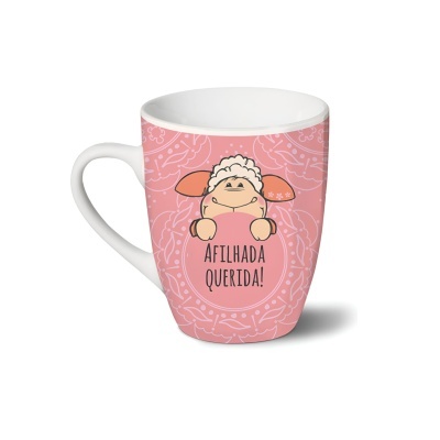 Caneca cor-de-rosa com desenho de ovelha e texto Afilhada Querida