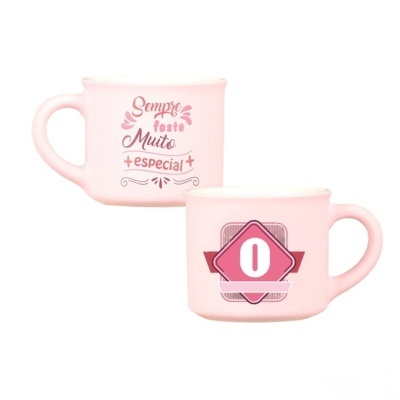 Duas chávenas rosa de cerâmica com texto decorativo e número
