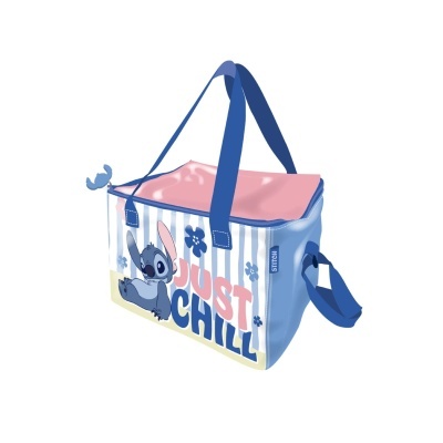 Saco térmico azul e branco com tampa rosa e alças azuis