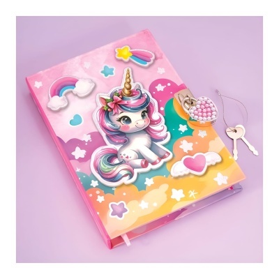 Caderno cor-de-rosa com unicórnio e cadeado em forma de coração