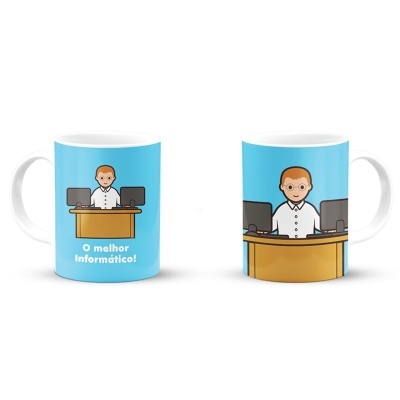 Caneca branca com ilustração de informático em fundo azul