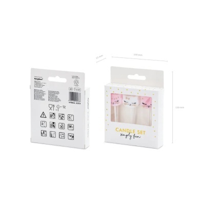 Pack de velas decorativas com cabeças de gato em rosa e branco em embalagem branca com texto