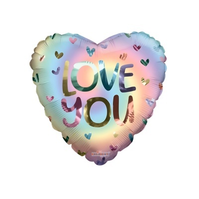 Balão metálico em forma de coração com texto LOVE YOU e pequenos corações coloridos