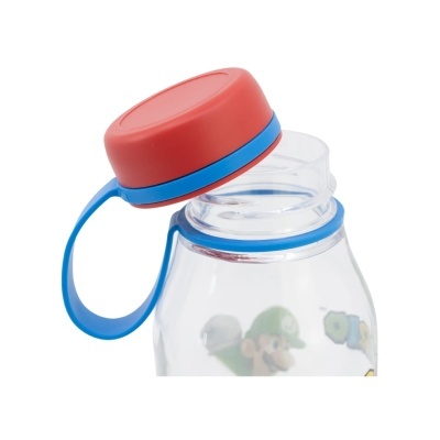 Garrafa plástica transparente com tampa vermelha e argola azul