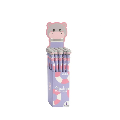 Canetas apagáveis com capa de hipopótamo rosa e cinza junto a caixa