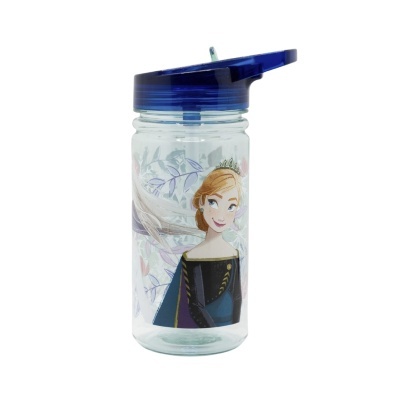 Garrafa transparente com tampa azul e imagem da personagem feminina da Disney