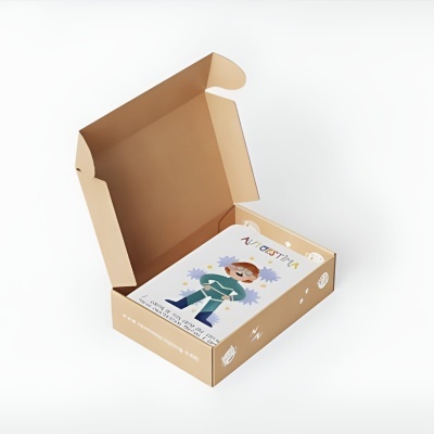 Caixa de papelão aberta com livro infantil sobre autismo