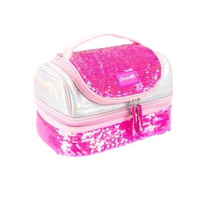 Mala de maquilhagem rosa com paetês e fecho duplo