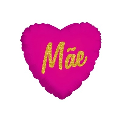 Balão cor de rosa em forma de coração com texto dourado 
