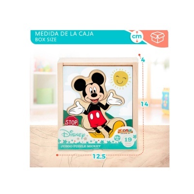 Puzzle jumbo de madeira Disney Mickey na caixa com dimensões indicadas.