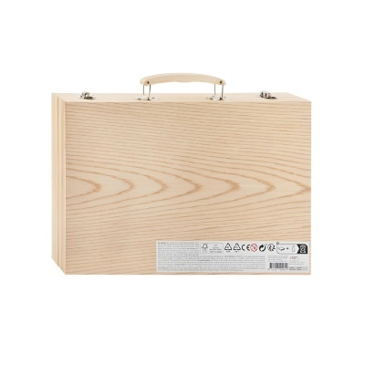 Mala de madeira clara com asa e fechos metálicos