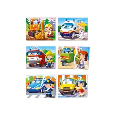 Seis puzzles infantis com veículos profissionais e personagens animadas coloridas