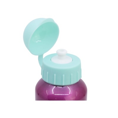 Frasco de bebida metálico roxo com tampa azul claro