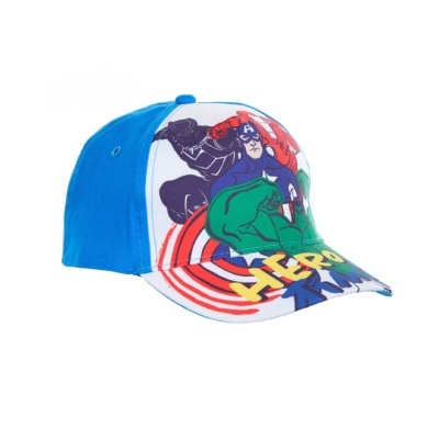 Boné azul com personagens de banda desenhada e texto colorido na pala