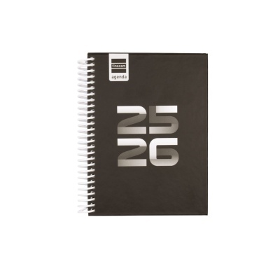 Agenda preta com números prateados 25 26 e espiral branca