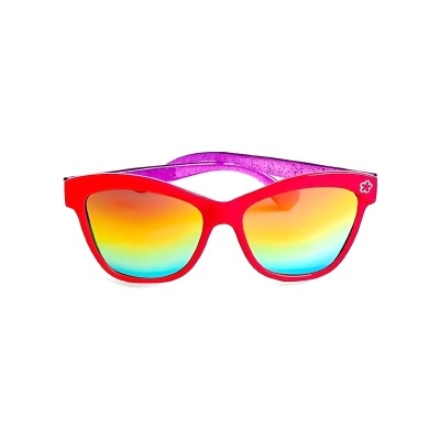 Óculos de sol vermelhos com lentes espelhadas coloridas.