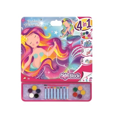 Conjunto de manualidades Giga Block com tema de sereia e tintas coloridas.